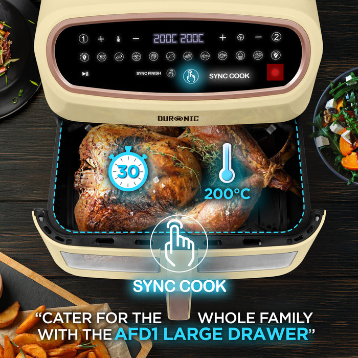 Duronic XXL Triple Drawer Air Fryer with a whole roasted chicken and digital touchscreen controls.