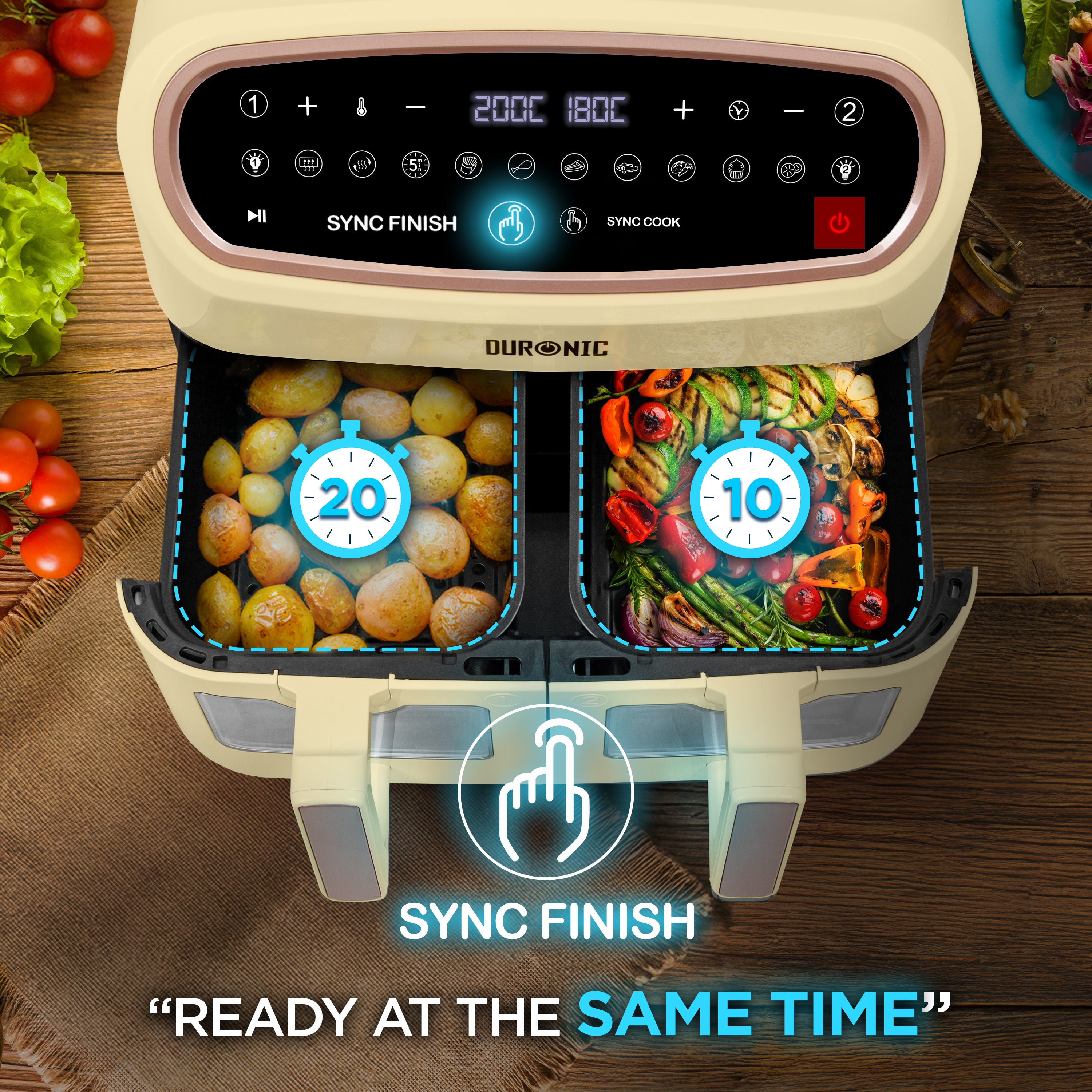 Duronic XXL Triple Drawer Air Fryercooking potatoes and roasted vegetables using the sync finish feature.