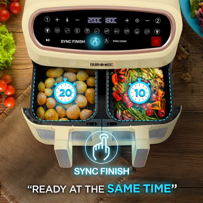 Duronic XXL Triple Drawer Air Fryercooking potatoes and roasted vegetables using the sync finish feature.