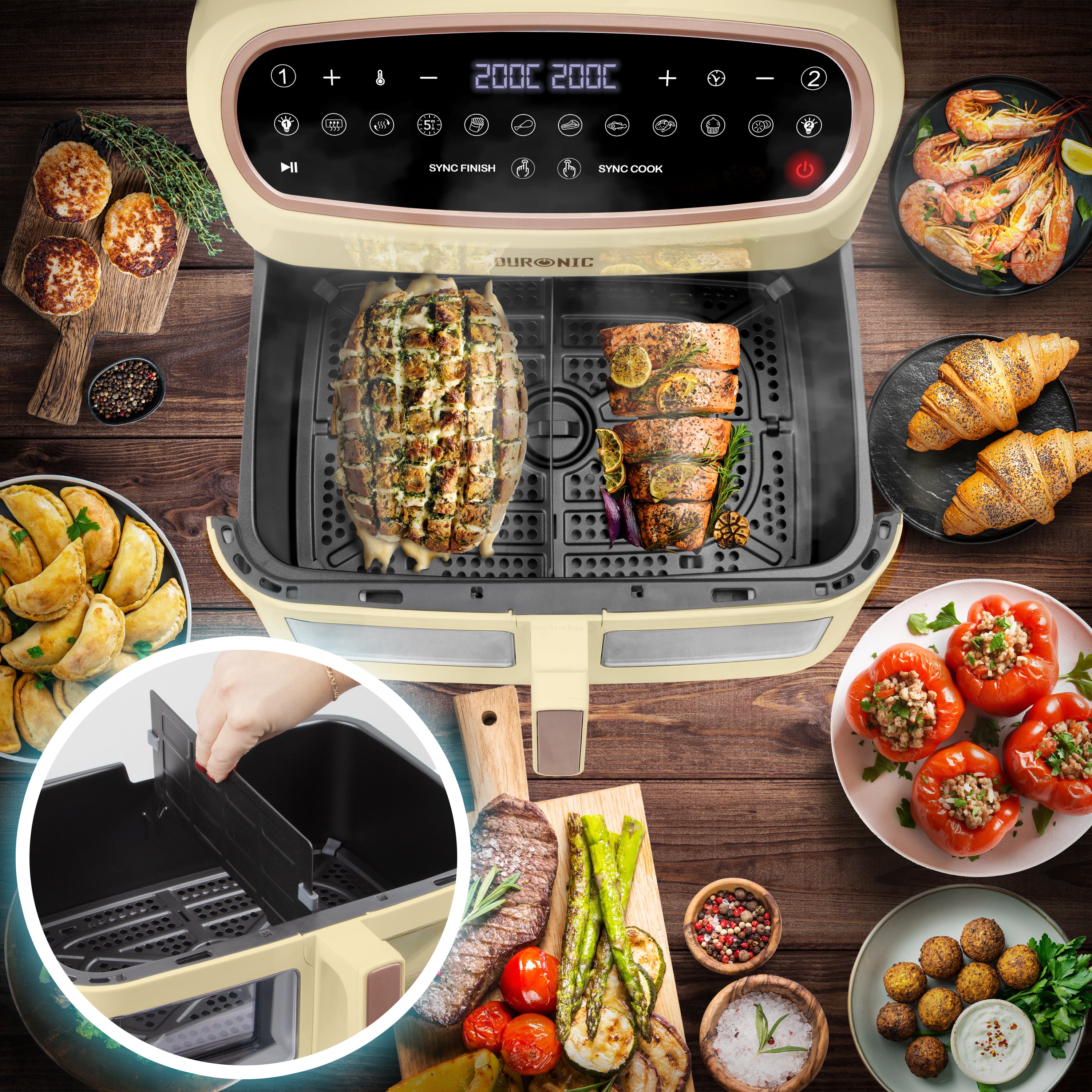 Duronic XXL Triple Drawer Air with removable divider cooking fresh salmon and stuffed bread.