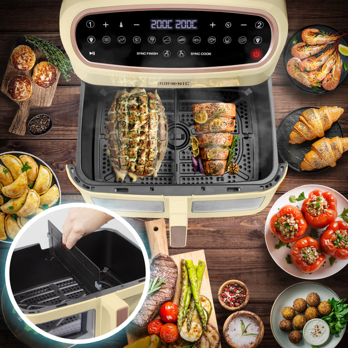 Duronic XXL Triple Drawer Air with removable divider cooking fresh salmon and stuffed bread.