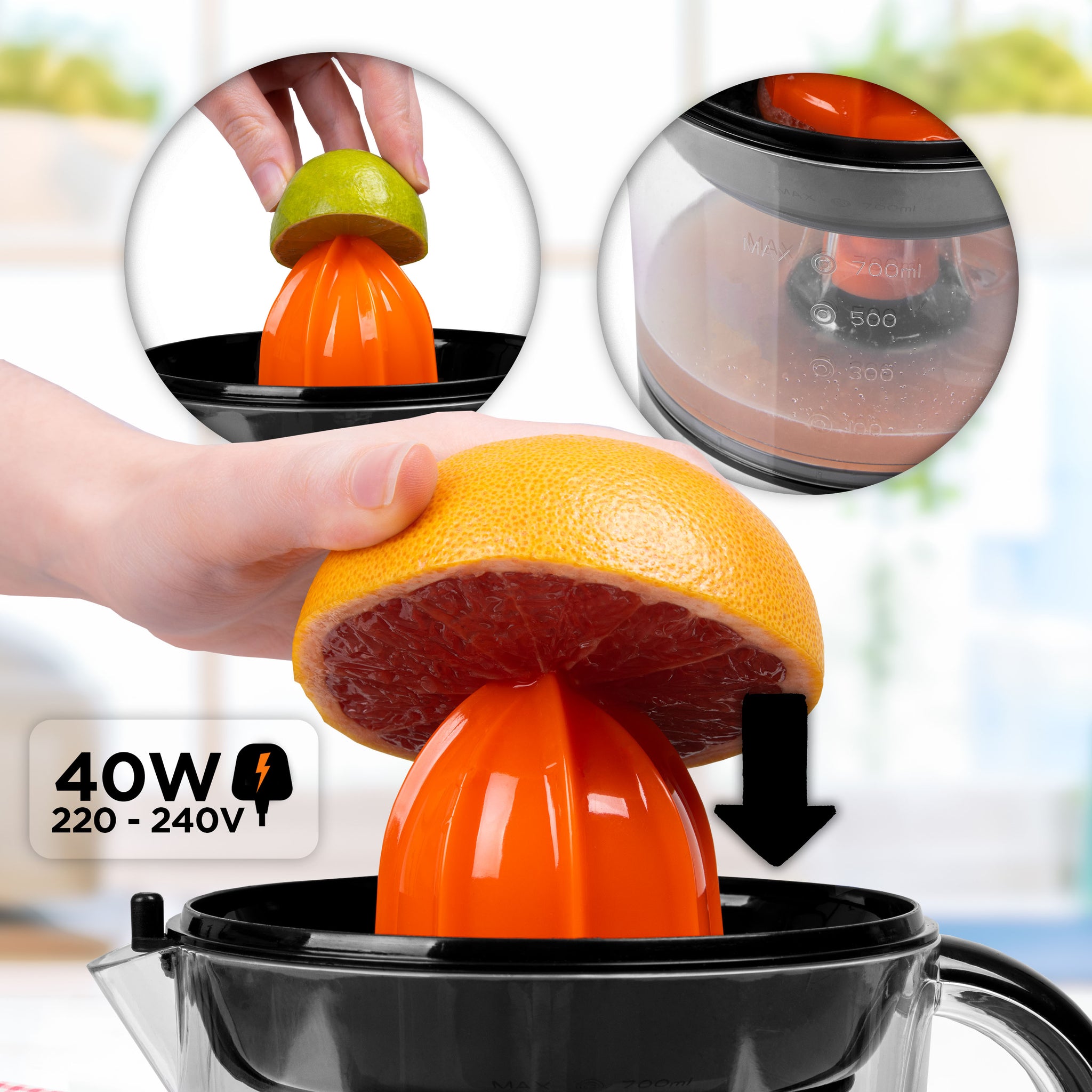 Duronic Electric Citrus Juicer JE407, 2 Sized Lemon Squeezer Cones, 40W Citrus Press with Adjustable Pulp Filter, 700ml Capacity, Ideal for Fresh Citrus Juice Oranges Lemons