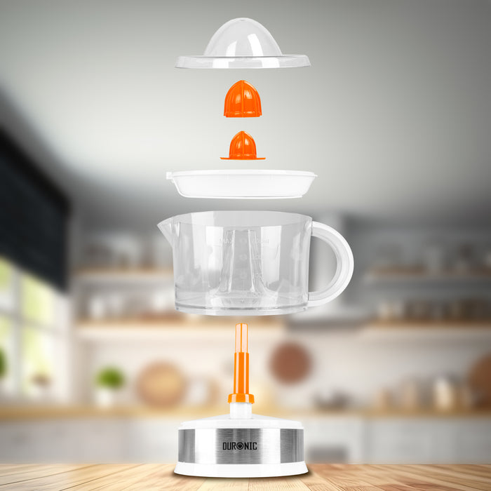 Duronic Electric Citrus Juicer JE407 WE Fresh Orange Squeezer Citrus Press for Lemons, Oranges, Grapefruits, Cold Press for Healthy Juices with 2 Cones & Pulp Filter