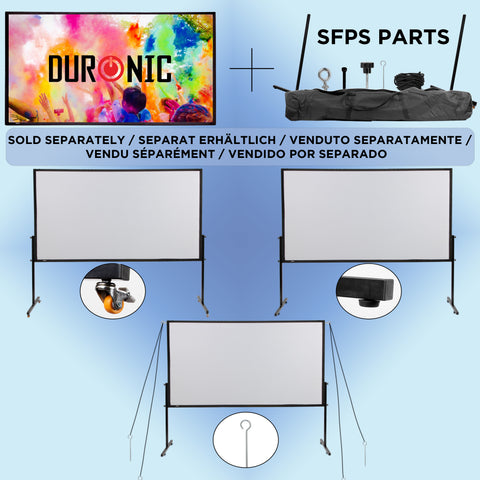 Duronic Projector screen Product graphic showing Duronic SFPS projector screen models (80, 100, and 120 inches) alongside compatible replacement parts and three stand configurations featuring wheels, flat feet, and ground stakes.