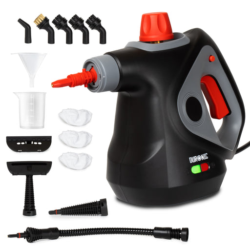 Duronic SC32 BK Handheld Steam Cleaner with 14 Accessories, 1050W High Pressure Upholstery Cleaners, Portable Steamer Stain Remover for Kitchen Oven Grill Bathroom Car Window Tile Grout Cleaner Black