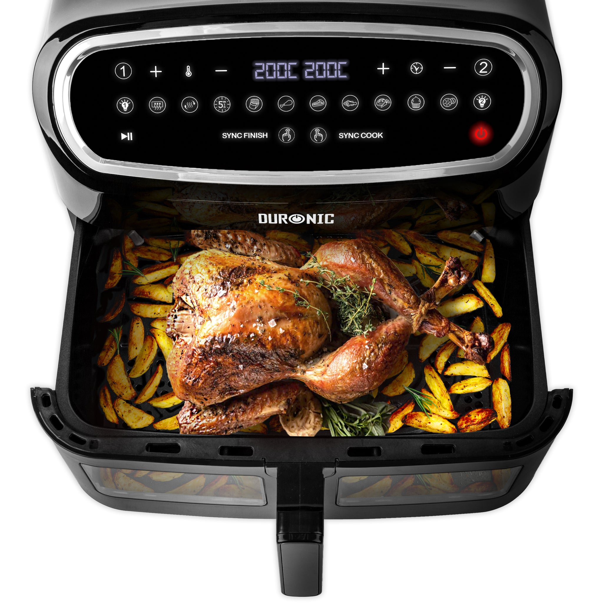 Duronic AF14 BK Large Air Fryer 10L Extra Large Drawer with Visual Window, Dual Zone, 10-in-1 Digital AirFryer for Family, Uses No Oil, Air Fry, Roast, Bake, Dishwasher Safe Non-Stick Basket, Black