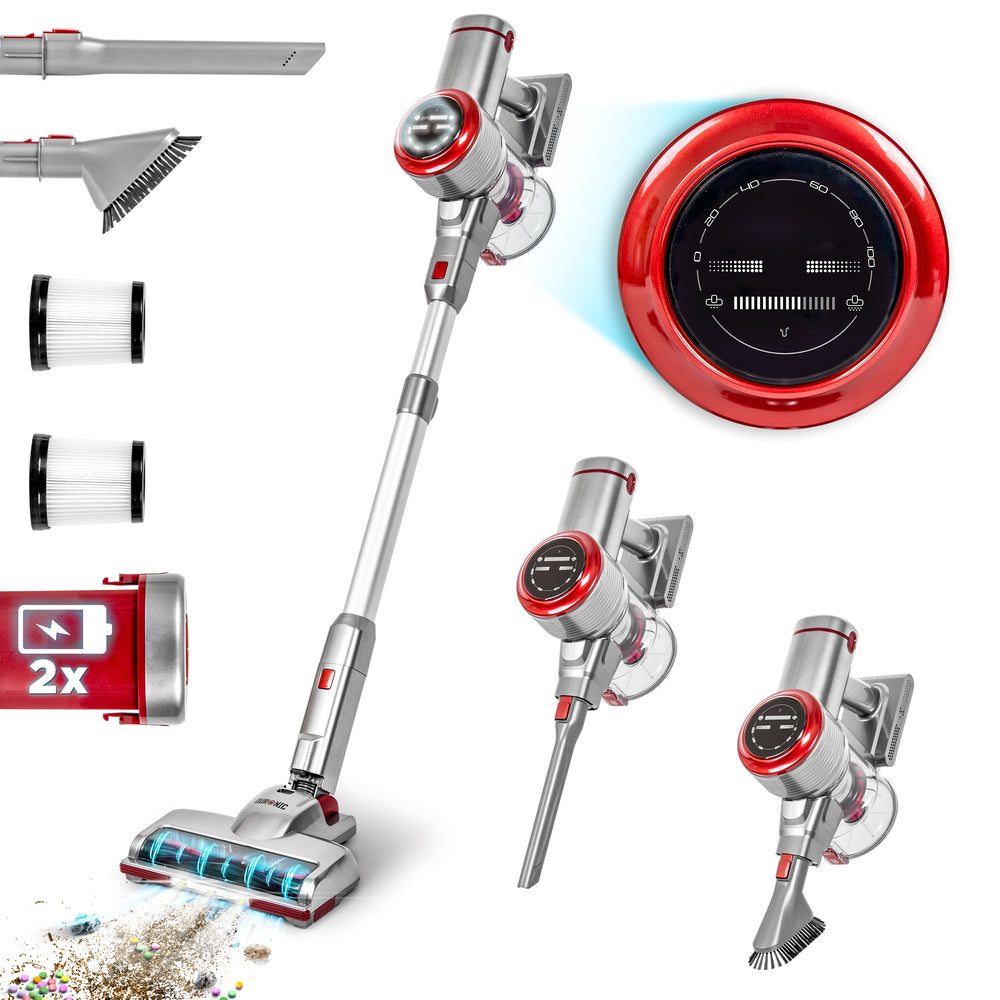 Duronic Cordless Vacuum VC28, 220W Power with Adjustable Suction, HEPA Filter, Cleaning Accessories and Two Rechargeable Lithium Batteries, Lightweight Cleaner for Carpet or Hard Floors
