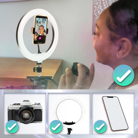 Versatile LED ring light with phone and camera mounts, perfect for creators and high-quality vlogging.