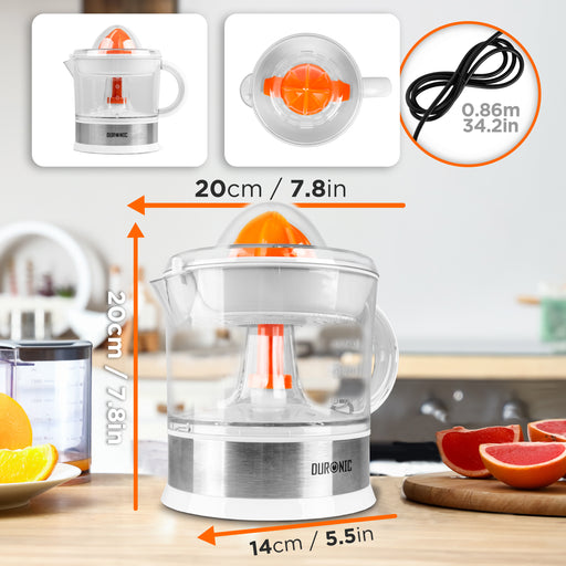 Duronic Electric Citrus Juicer JE407 WE Fresh Orange Squeezer Citrus Press for Lemons, Oranges, Grapefruits, Cold Press for Healthy Juices with 2 Cones & Pulp Filter