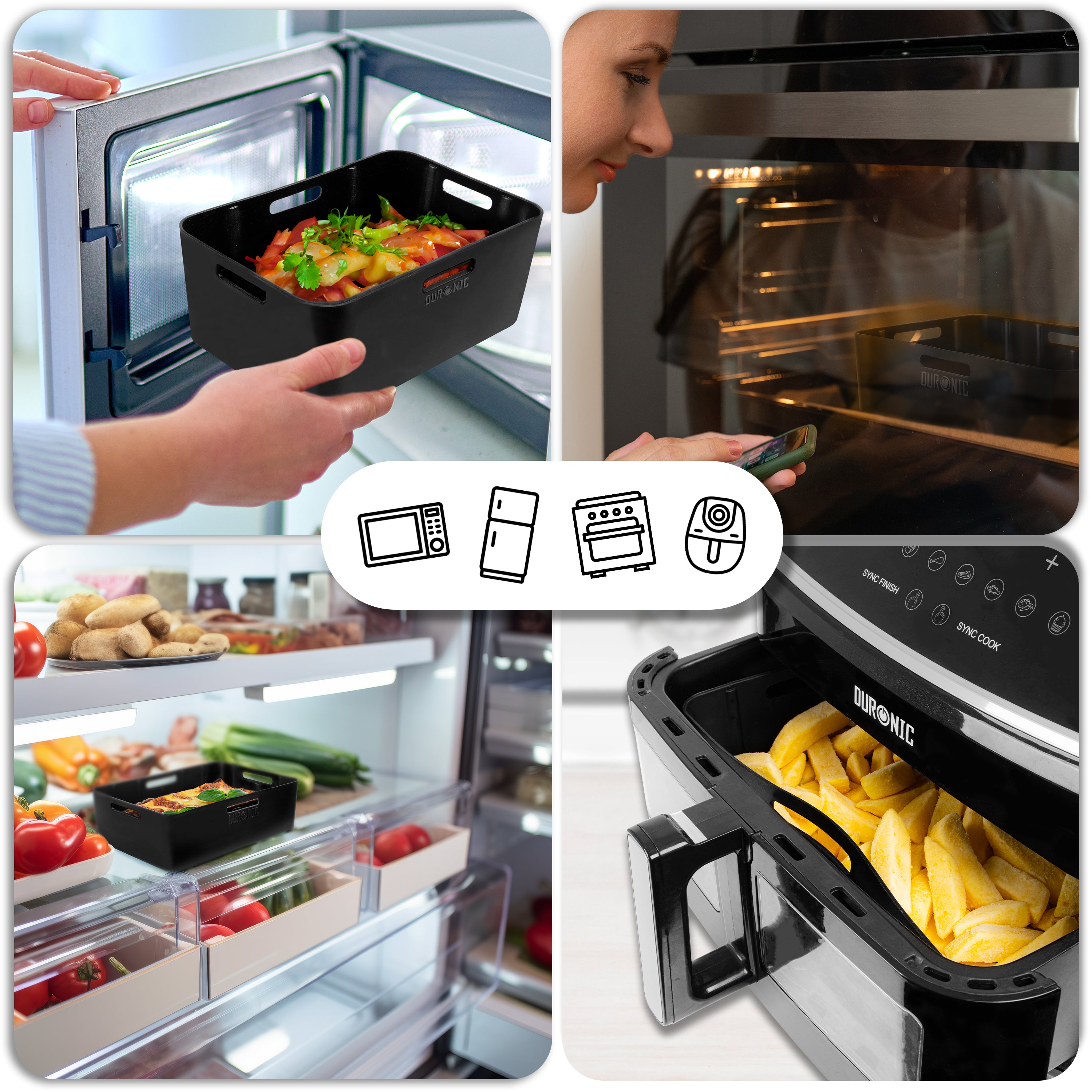 four-panel collage demonstrating the versatility of a Duronic black silicone air fryer liner