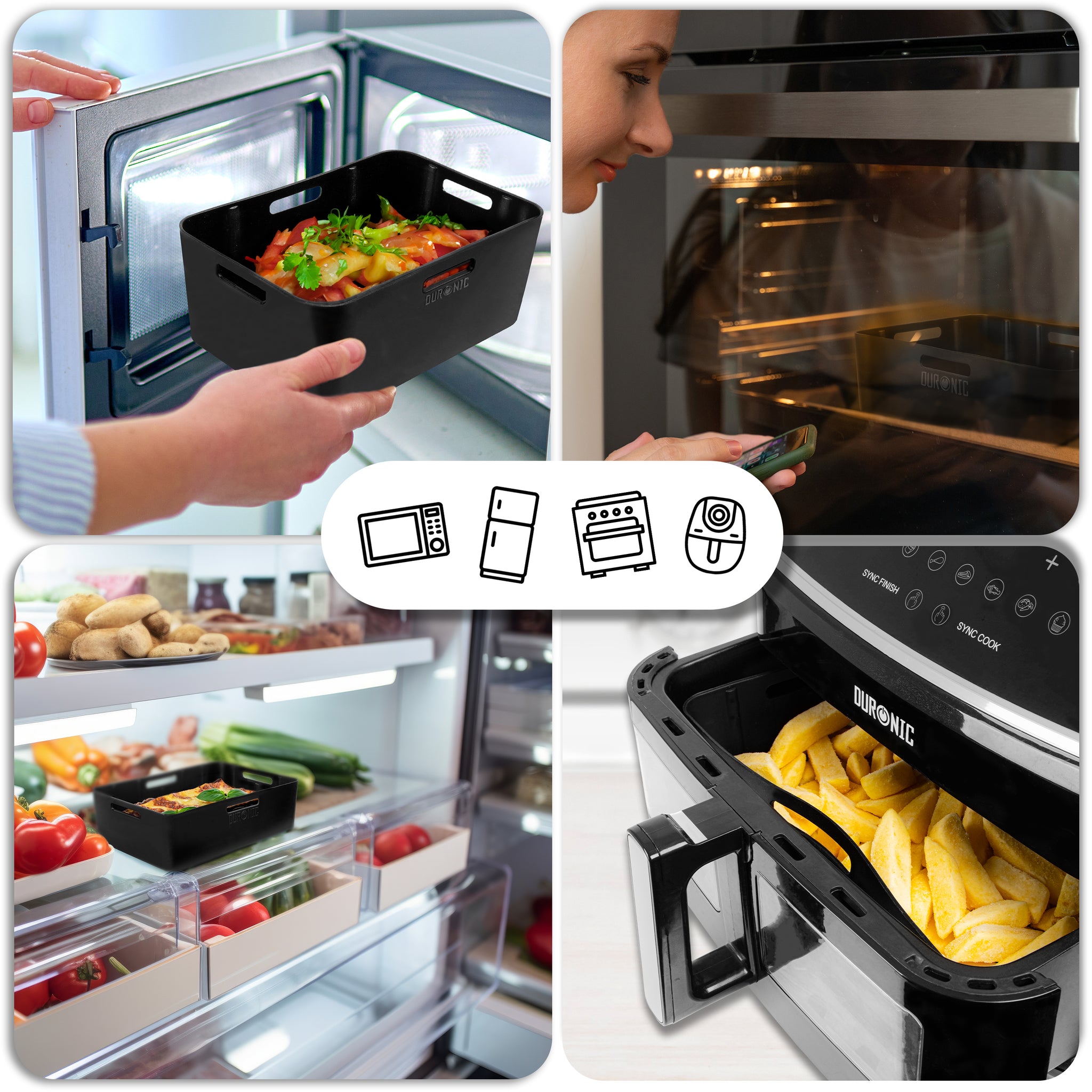four-panel collage demonstrating the versatility of a Duronic black silicone air fryer liner