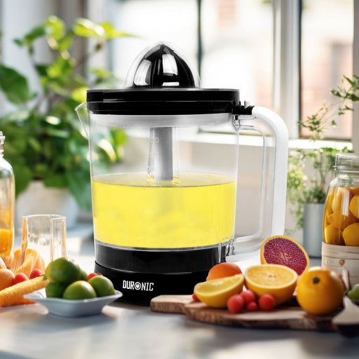 Duronic Electric Citrus Juicer JE416, 2 Interchangeable Electric Juicer Cones, 40W Hand Press Citrus Juicer with Adjustable Pulp Filter, 1600ml Capacity, for Fresh Lemon, Lime Juice