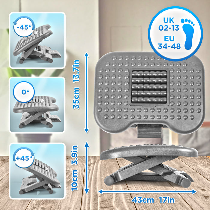 Duronic Ergonomic Footrest FT03 with Adjustable Tilt, 3 Height Levels, Massage Rollers, Textured Surface for Stress Relief, Foot Pain and Fatigue, Under-Desk for Office, Home, Students, Gamers