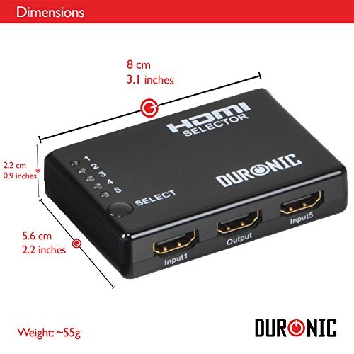 Duronic HDMI Switch Box [ HRS1051 ] 5 Port HDMI Auto Switcher, PLUS Remote, 5x1 Hub - 5 Way Input/1 Way Output), 1080p High Definition, Sky+ HD, Virgin, PS3, PS4, Xbox, Freeview, DVD & BluRay