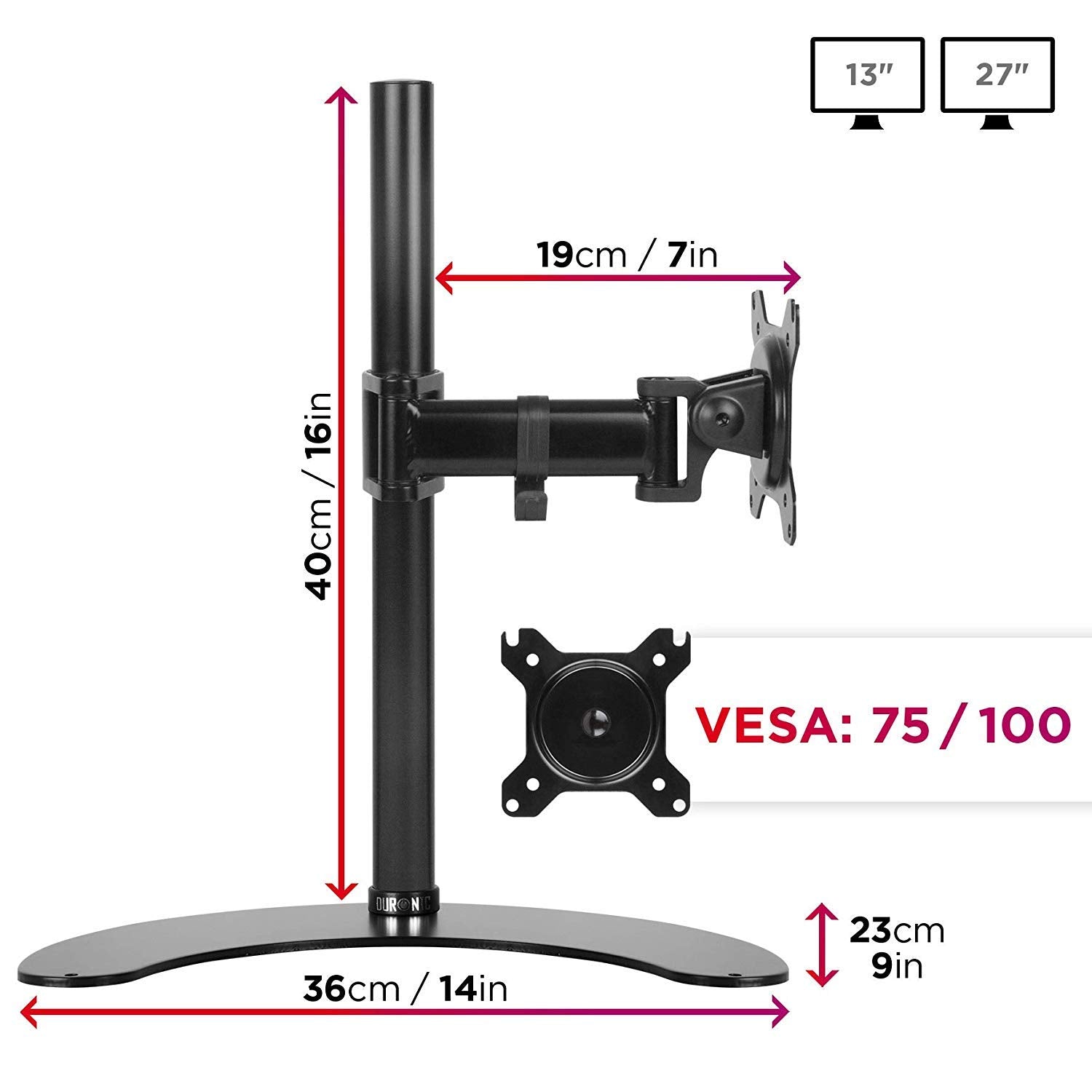 Duronic Single Monitor Stand DM25D1 Monitor Arm Desk Mount for 13-27” Screens Adjustable Desk Riser with VESA 75/100 Freestanding Monitor Mount for Home Office Work