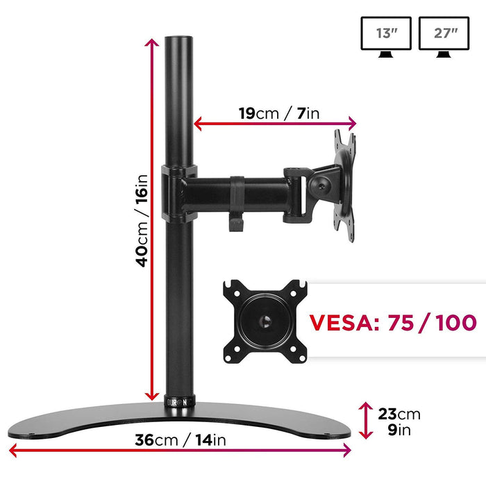 Duronic Monitor Arm Stand DM25D1 | Freestanding | Single PC Desk Mount | Steel | For One 13-27” LED LCD Television or Computer Screen | VESA 75/100 | 8kg | Tilt +35°/-90°, Swivel 180°, Rotate 360°