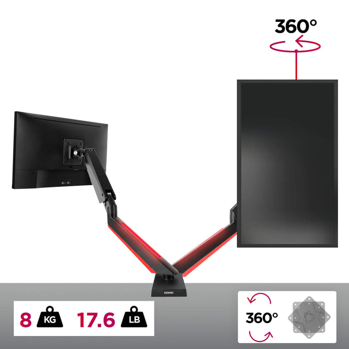 Duronic Monitor Arm Stand DMGM5X1 | Single PC Desk Mount with Red LED Lights | Height Adjustable | For One 15-32 Inch Screen | VESA 75/100 | 8kg Capacity | Tilt +90°/-85°, Swivel 360°,Rotate 360°