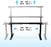 Duronic Sit Stand Desk Frame showing vertical height and horizontal width expansion ranges with blue arrows.