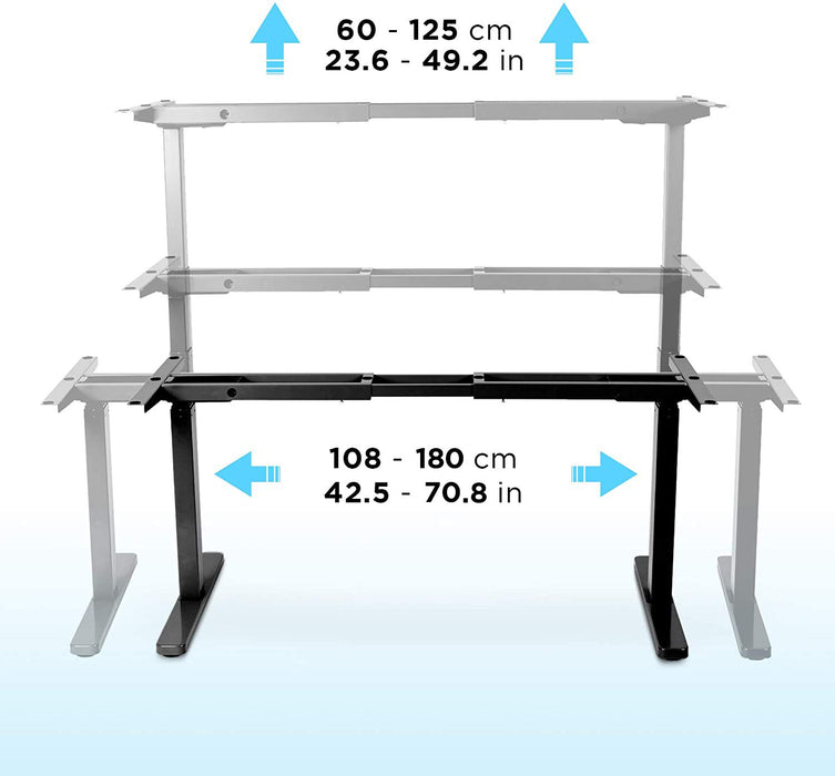 Duronic Sit Stand Desk Frame showing vertical height and horizontal width expansion ranges with blue arrows.