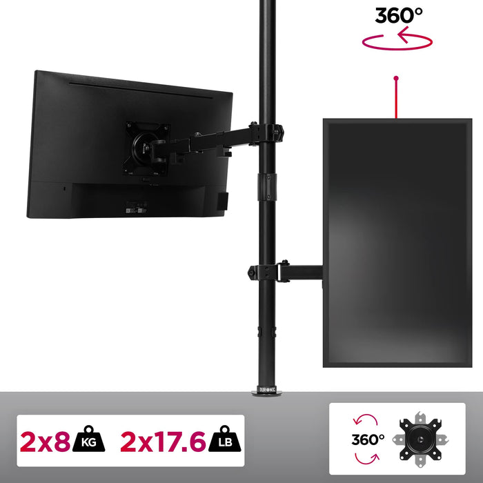 Duronic Dual Monitor Arm Stand DMT152VX2, Vertical PC Desk Mount, Extra Tall 100cm Pole, For Two 13-27 LED LCD Screens, VESA 75/100, 2x8kg/17.6lb Capacity, Tilt 90°/35°,Swivel 180°,Rotate 360°