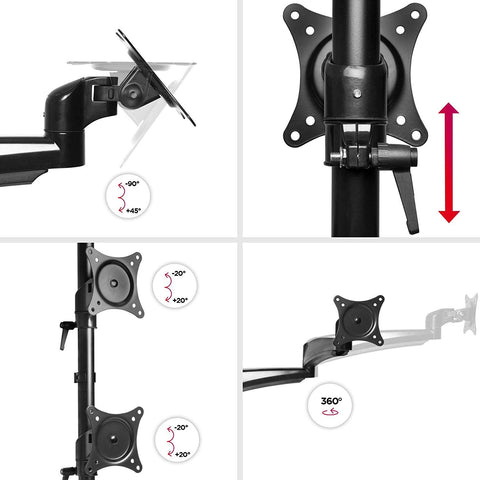 Duronic Monitor Arm Stand showcasing a monitor mount’s tilt, height adjustment, swivel, and 360-degree rotation capabilities.