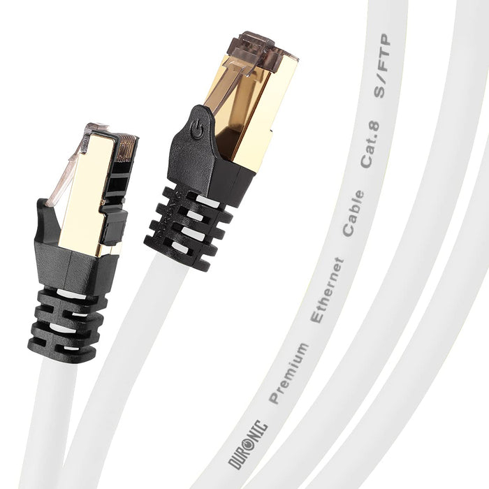 Duronic Ethernet Cable 0.5M High Speed CAT 8 Patch Network Shielded Lead 2GHz / 2000MHz / 40 Gigabit, CAT8 SFTP Wire, Snagless RJ45 Super-Fast Data - White