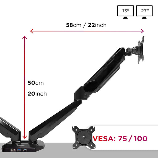 Duronic Monitor Arm Stand DMUSB52 | Dual PC Desk Mount | Headphone | USB | Microphone | For Two 13”-27” LED LCD Screens | VESA 75/100 | (Tilt -90°/+85°, Swivel 180°, Rotate 360°) Extension Sockets