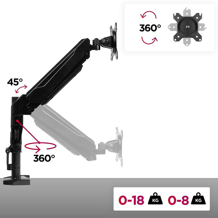 Duronic Monitor Arm Stand DMG51X2 | Single PC Desk Mount | Height Adjustable | For One 13-24 Inch LED LCD Screen | VESA 75/100 | 6.5kg Capacity | Tilt +90°/-45°, Swivel 180°,Rotate 360°