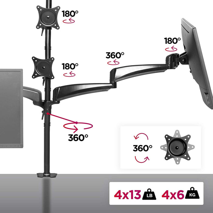 Duronic Monitor Arm Stand DM453VX1 | Quad PC Desk Mount | Steel | Height Adjustable | For Four 15-27 LED LCD Screens | VESA 75/100 | 6kg Per Screen | Tilt -90°/+85°, Rotate 360°