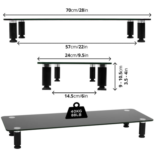 Duronic Monitor Stand Riser DM052-4 | Laptop and Screen Stand for Desktop | Black Tempered Glass | Support for a TV or PC Computer Monitor | Ergonomic Office Desk Shelf | 20kg Capacity | 70cm x 24cm