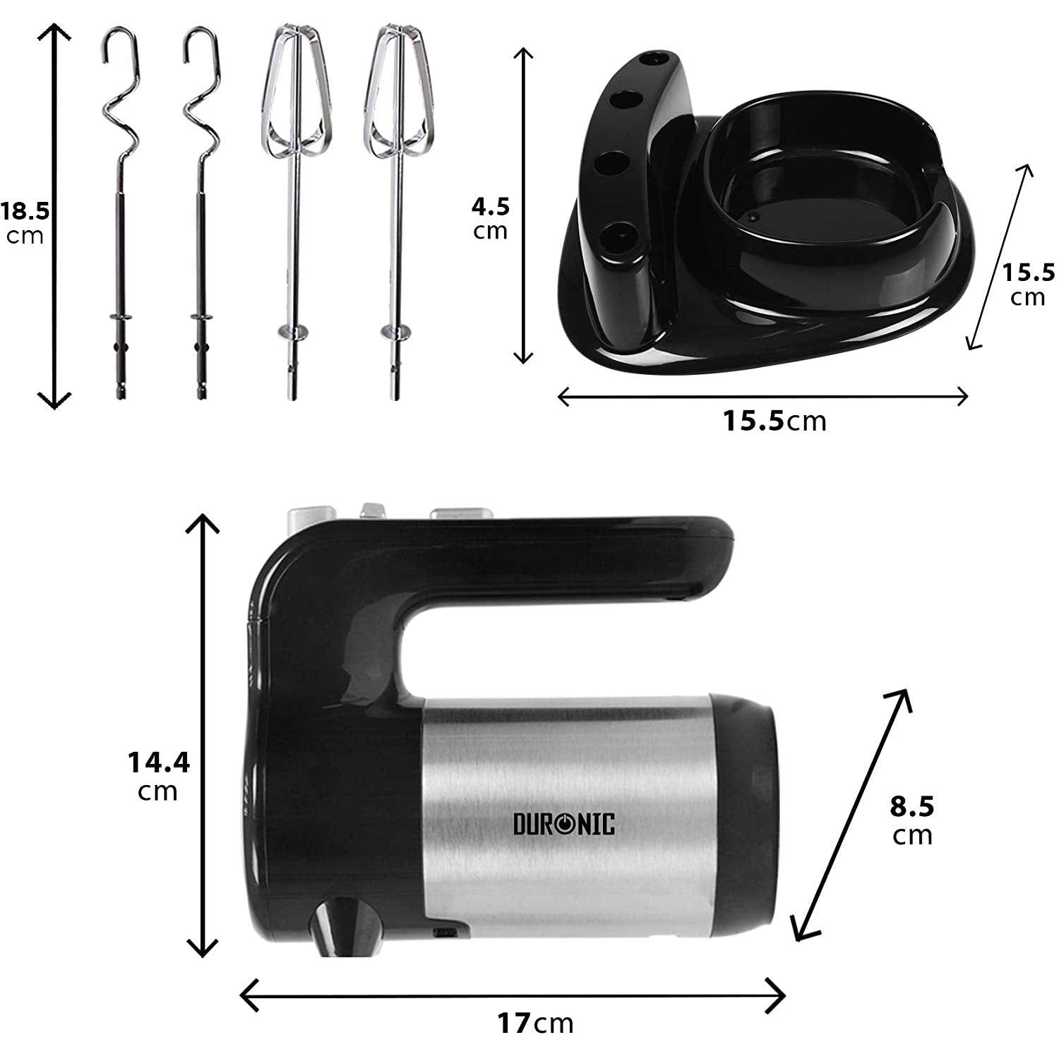 Duronic Electric Hand Mixer HM3 BK Kitchen Handheld Food Mixers for Baking Dough, Bread, Eggs, Cake Mix, Cream, Hand Held Brownie Maker Mixer with 5 Speed Turbo Boost Whisker Hooks Beaters 300W - Black