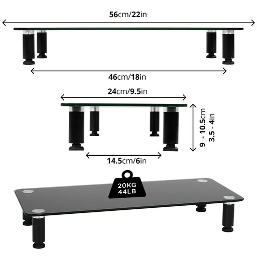 Duronic Monitor Stand Riser DM052-2 | Laptop and Screen Stand for Desktop | Black Tempered Glass | Support for a TV or PC Computer Monitor | Ergonomic Office Desk Shelf | 20kg Capacity | 56cm x 24cm