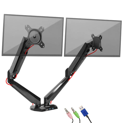 Duronic Monitor Arm Stand DMUSB52 | Dual PC Desk Mount | Headphone, USB, Microphone Extension Sockets | 13-27” LED LCD Screen | VESA 75/100 | Full Motion (Tilt -90°/+85°, Swivel 180°, Rotate 360°)