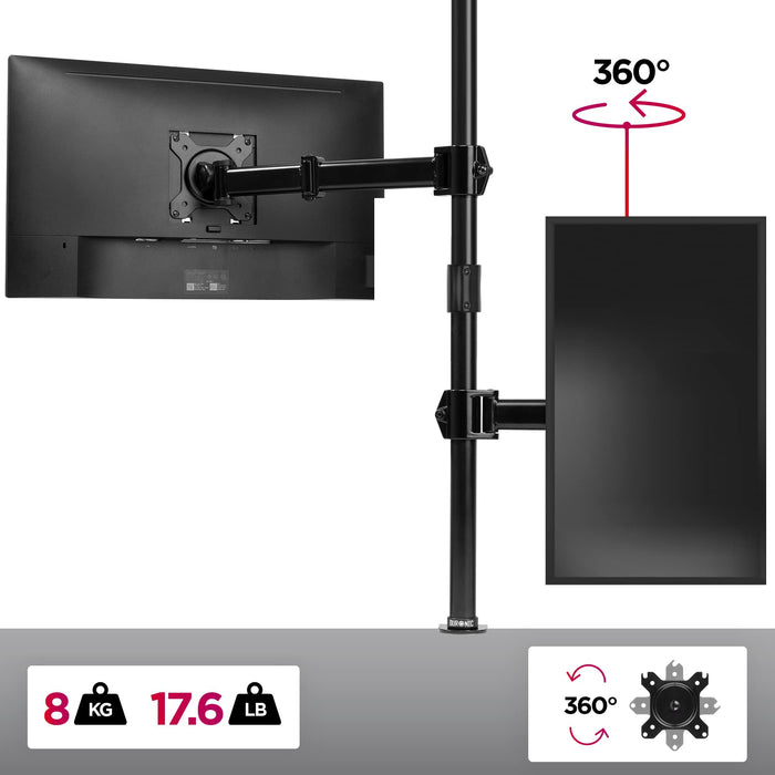 Duronic Single Monitor Arm Stand DMT251X3, PC Desk Mount, Extra Tall 100cm Pole, For One 13-32 LED LCD Screen, VESA 75/100, 8kg/17.6lb Capacity, Tilt 90°/35°,Swivel 180°,Rotate 360°