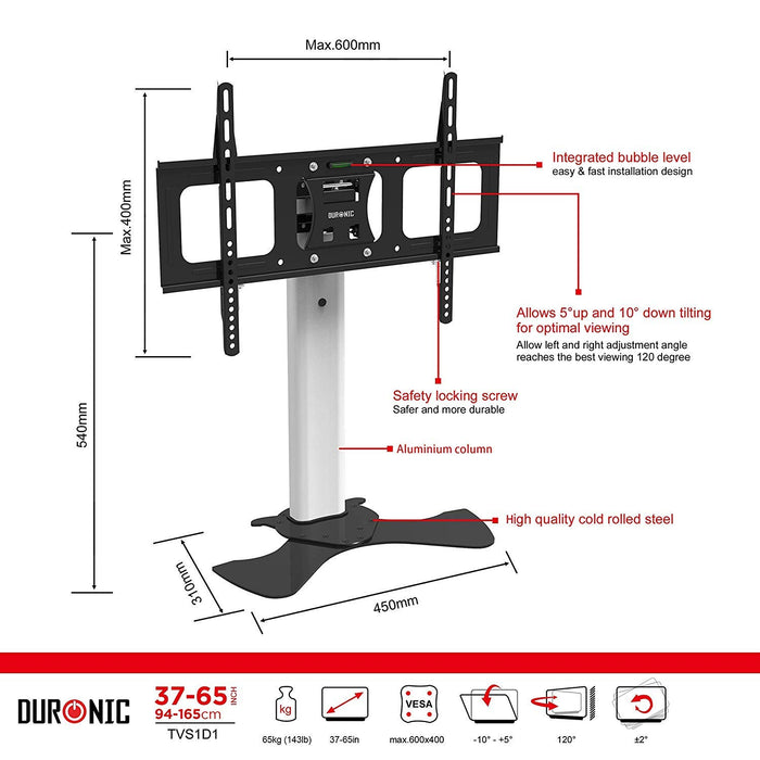 Duronic TV Stand TVS1D1 | Standing Mount for 37”-65” Flat Screen Television LCD/LED/OLED/QLED | Tilting -10°/+5° | VESA Up to 600x400 | Strong Heavy Duty | Max. 68kg Capacity | Universal Table Top Base