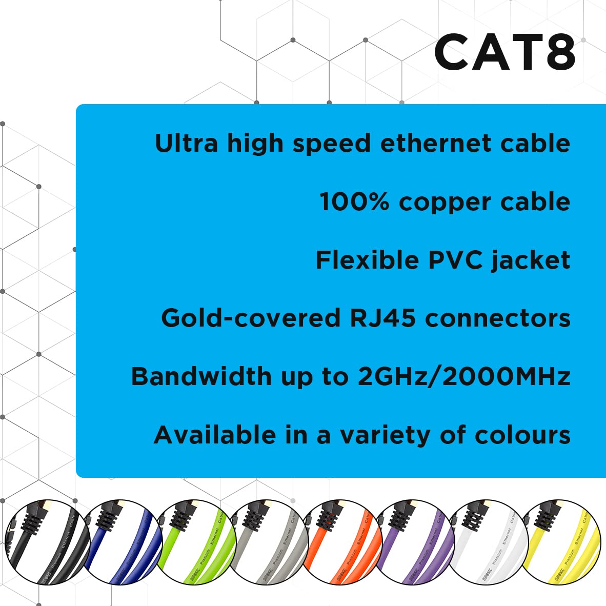 Duronic Ethernet Cable 0.5M High Speed CAT 8 Patch Network Shielded Lead 2GHz / 2000MHz / 40 Gigabit, CAT8 SFTP Wire, Snagless RJ45 Super-Fast Data - White