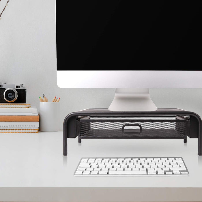 Duronic Monitor Stand Riser with Drawer DM072 | Laptop and Screen Platform for Desktop | Metal Support for PC Computer Monitor | Ergonomic Office Desk Shelf | 10kg Capacity | Black | 33x26cm