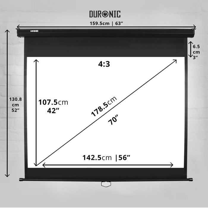 Duronic 70" Projector Screen MPS70 /43 BK, BLACK Pull-Down Projector Screen, Screen Size: 142x107cm / 48x36”, 4:3 Ratio, Matt White +1 Gain, HD High Definition, Home Cinema School Office