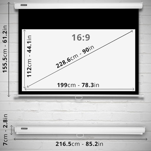 Duronic 90" Projector Screen MPS90 /169 WE, WHITE Pull-Down Projector Screen, Screen Size: 199x122cm / 78x48”, 16:9 Ratio, Matt White +1 Gain, HD High Definition Widescreen, Home Cinema