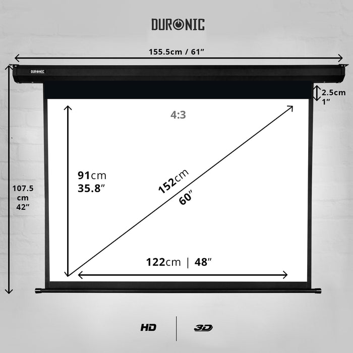 Duronic Electric 60” Projector Screen EPS60/43 | Screen Size: 122x91cm / 91x48” | 4:3 Ratio | Matt White +1 Gain | HD High Definition | Motorised Switch Control | Home Cinema, School, Office