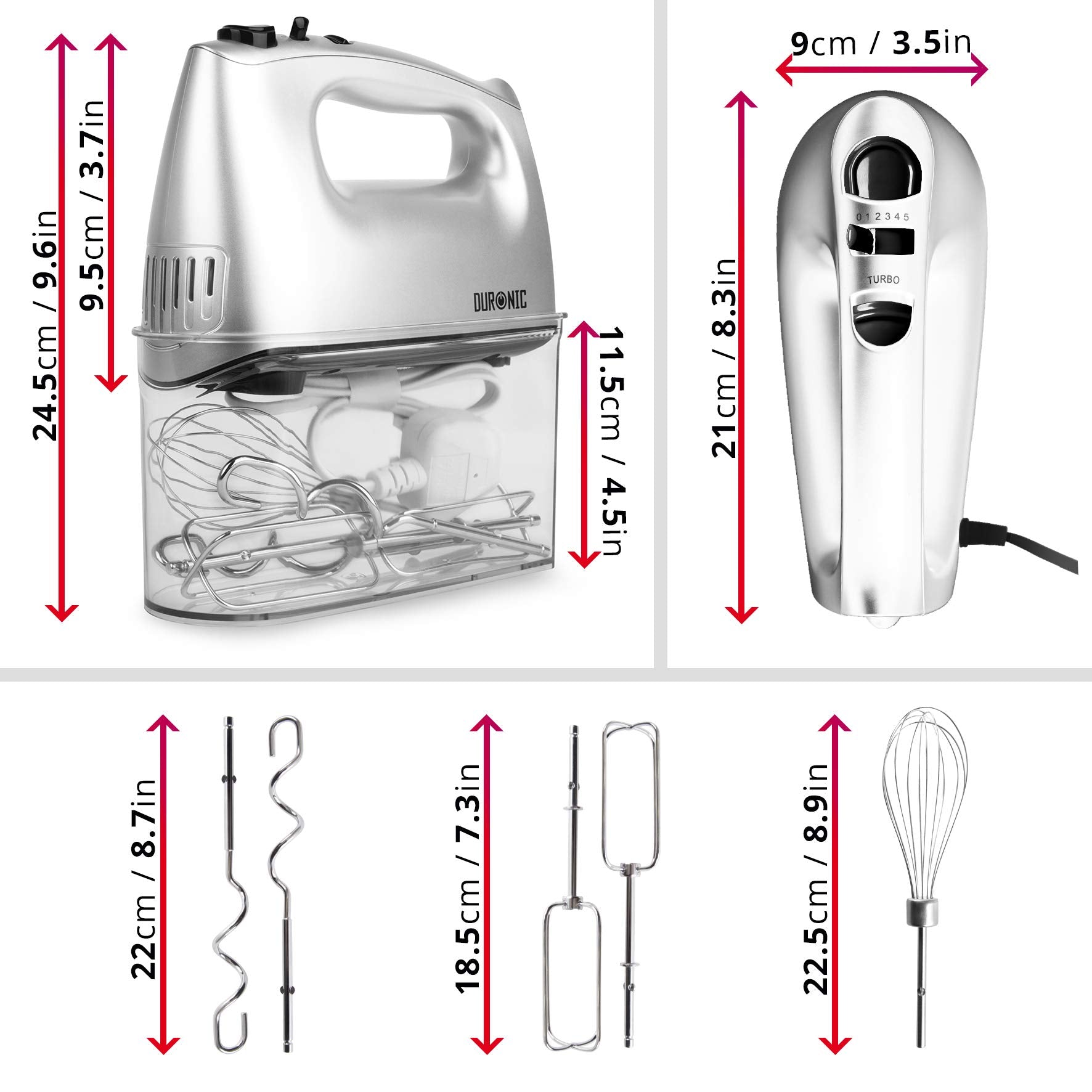 Duronic Hand Mixer Electric Whisk HM4 SR Kitchen Handheld Hand Held Food Mixers for Baking, Dough, Bread, Eggs, Cake Mix, Cream, Brownie Maker Mixer with Whisker Hooks Beater Storage Case 400W - Silver