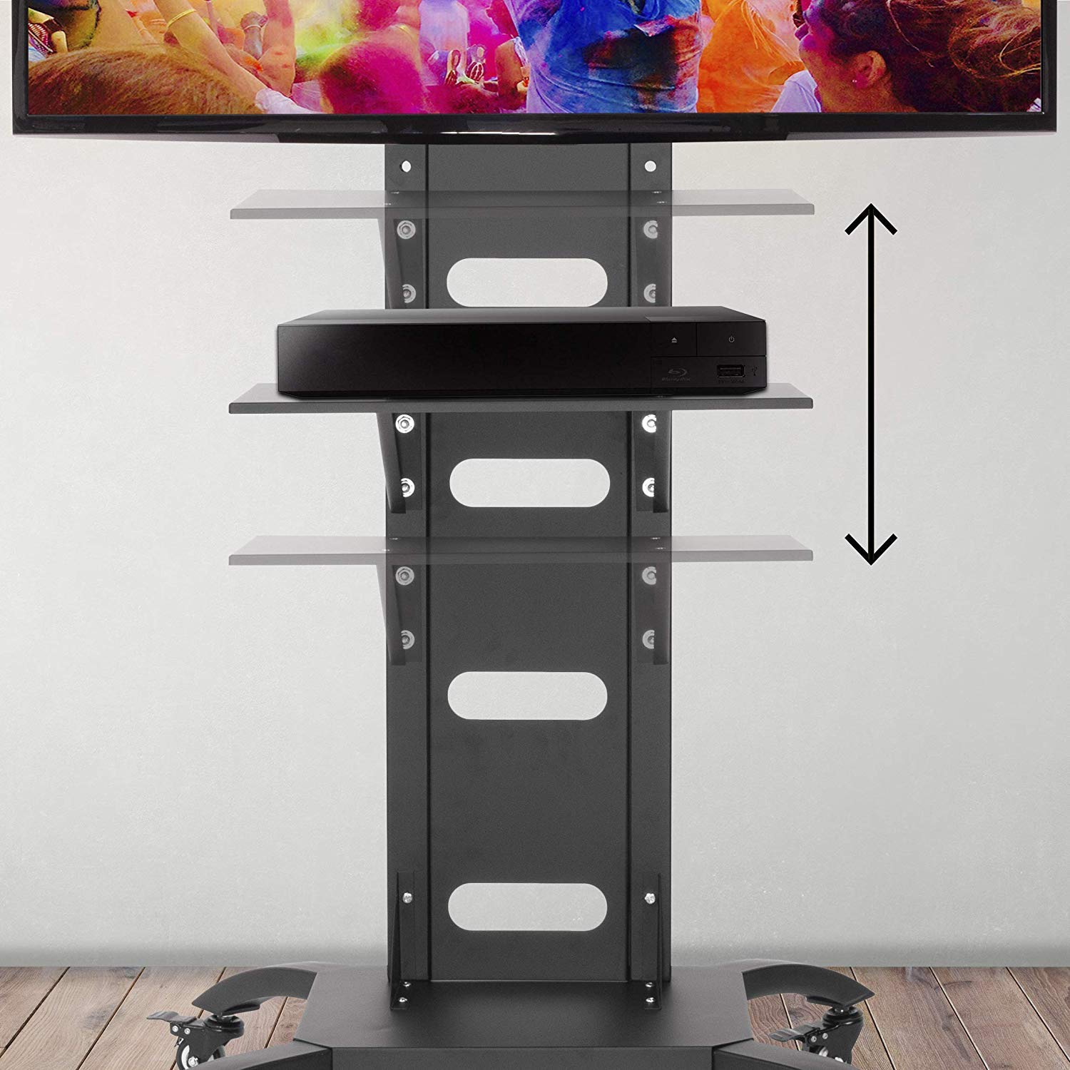 Duronic TV Mount Stand Bracket TVS4T1 | Floor Standing for 37-70 Inch Flat Screen | With Tilt and Swivel | VESA Up to 700x400 | Strong Heavy Duty | Max. 82kg Capacity | Shelf | On Wheels