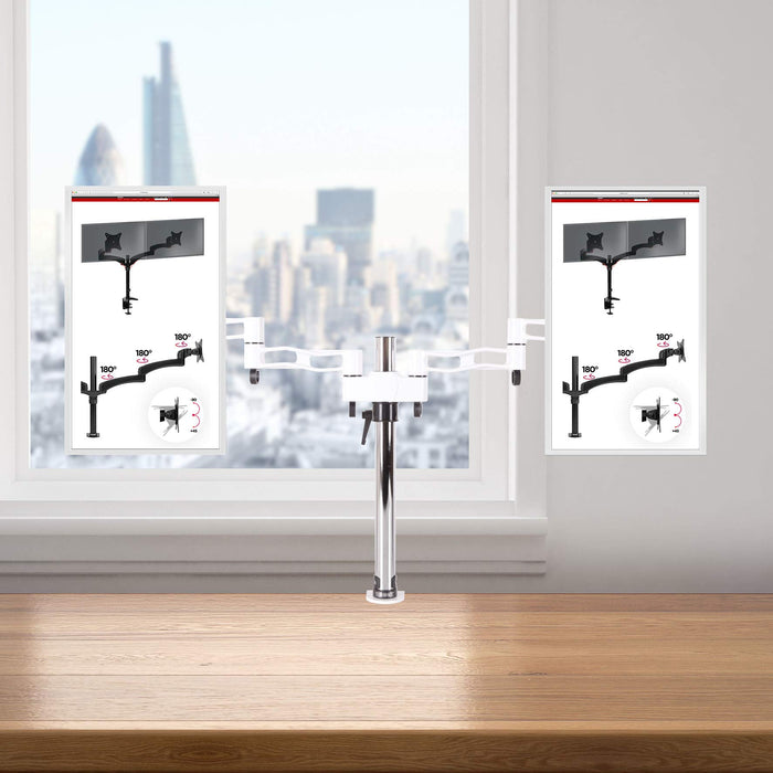 Duronic Dual Monitor Arm Stand DM352 WE, Double PC Desk Mount, Aluminium, Adjustable, For Two 13-27 LED LCD Screens, 8kg Capacity, Tilt +15°/-15°,Swivel 180°,Rotate 360° - WHITE