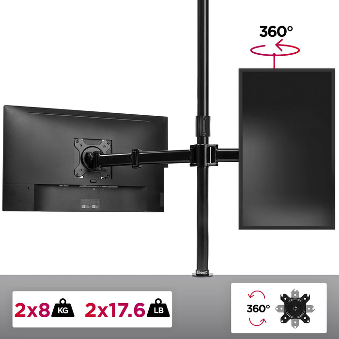 Duronic Dual Monitor Arm Stand DMT252, PC Desk Mount, Extra Tall 100cm Pole, For Two 13-27 LED LCD Screens, VESA 75/100, 8kg/17.6lb Capacity, Tilt 90°/35°,Swivel 180°,Rotate 360°