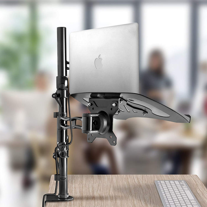 Duronic Desk Mount DM35L1X1 | Single Monitor Stand for 13”-27” LCD/LED PC/TV Screen and Laptop | Dual Arms | Adjustable Support | VESA 75/100 Bracket (Tilt: -15°/+15° | Swivel: 180° | Rotate: 360°)