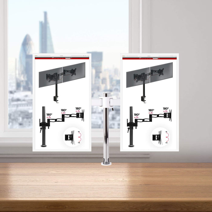 Duronic Dual Monitor Arm Stand DM252 WE, Double PC Desk Mount, Adjustable, For Two 13-27 Inch LED LCD Screens, 8kg Per Screen, Tilt -90°/+35°, Swivel 180°, Rotate 360° - White