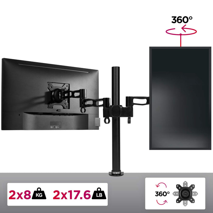 Duronic Monitor Arm Stand BLACK DM352[BK] | Double PC Desk Mount | Aluminium | Height Adjustable | For Two 13-26 LED LCD Screens | VESA 75/100 | 8kg Per Screen | Tilt +15°/-15°,Swivel 180°,Rotate 360°