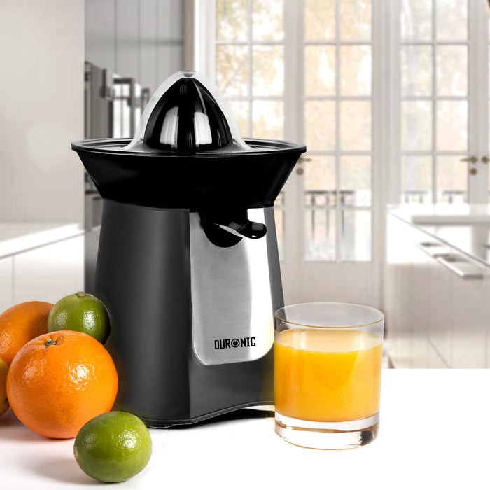 Duronic Citrus Juicer JE6 BK | Electric Juice Extractor | Powerful 100W | Black and Stainless-Steel | 2 Cone Sizes | Dripless Spout | Squeezes and Presses Different Sized Fruits: Oranges, Lemons...