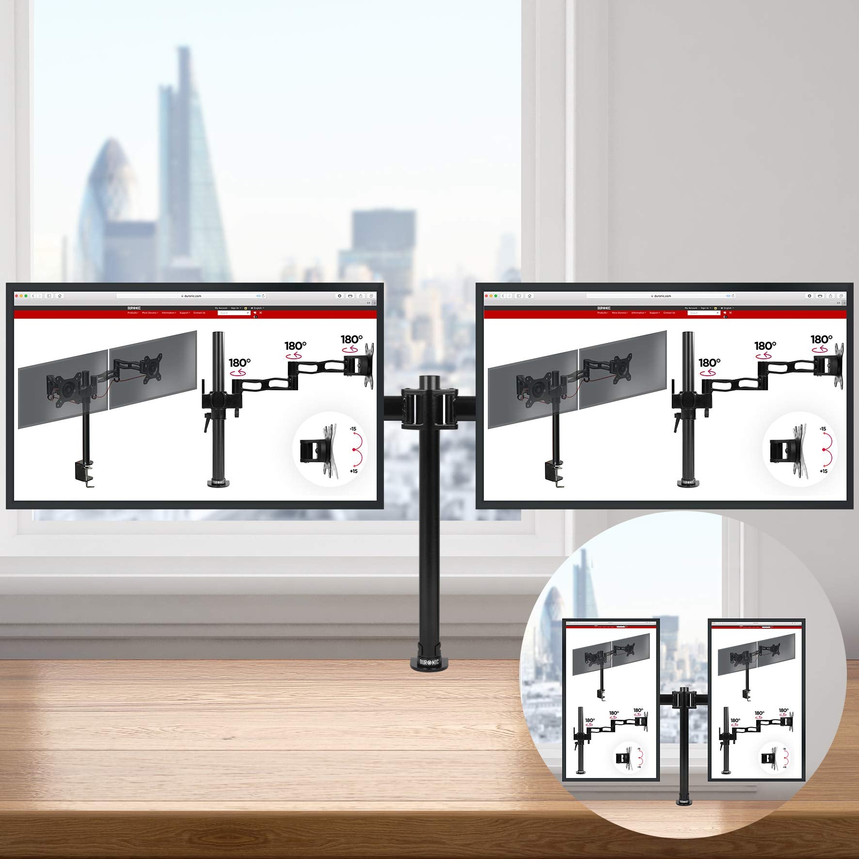 Duronic Dual Monitor Stand Arm DM252 Height Adjustable Twin Desk Monitor Riser Monitor Mount Arms for 13-27” Computer/ PC Screens with VESA 75 100 Monitor Desk Mount for Home & Office Studio