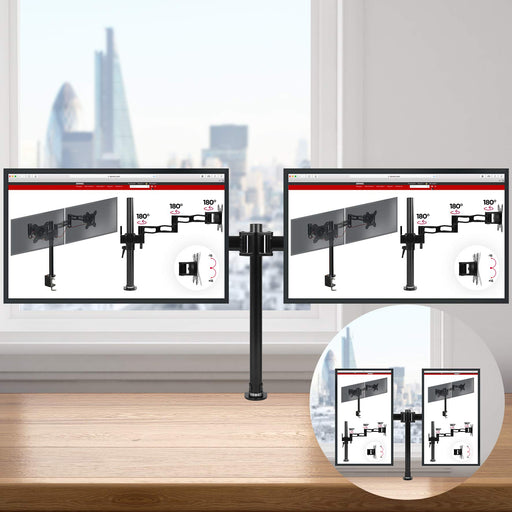 Duronic Dual Monitor Arm Stand DM252 | Double PC Desk Mount | Steel | Height Adjustable | For Two 13-27 Inch LED LCD Screens | VESA 75/100 | 8kg Per Screen | Tilt -90°/+35°, Swivel 180°, Rotate 360°